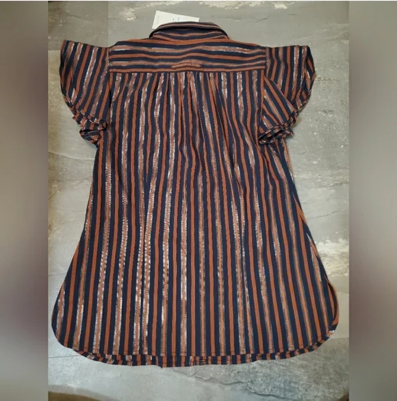 NWT Joie "Dyllis Dark Sapphire" short sleeves blouse. Blue, orange, metallic. S. - Picture 2 of 9